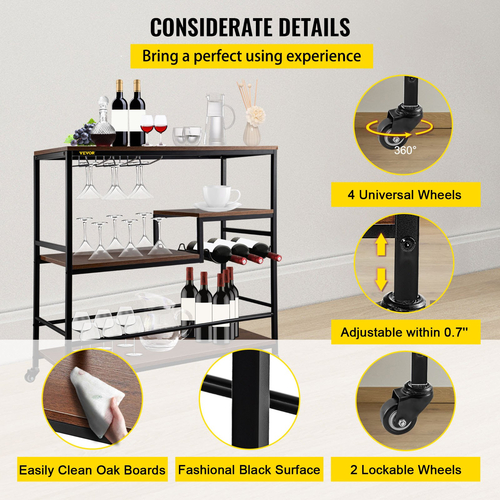 VEVOR Rustic Bar Cart, 3-Tier Industrial Bar Cart for Home, Bar Cart with Wine Rack &amp; Glassholds, 35,4 x 15,7 x 37,4 ιντσών Home Bar &amp; Carts σερβιρίσματος, Wine Cart on Wheels, Glass Bar Cart Καφέ