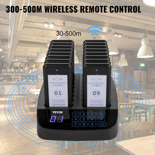 VEVOR Restaurant Pager 16 Coasters Paging System Max 98 Nursery Pager Ασύρματο σύστημα τηλεειδοποίησης σε ουρά κλήσης Οθόνη αφής με δόνηση, αναβοσβήνει και βομβητή για ξενοδοχεία και καφετέριες κοινωνικών αποστάσεων