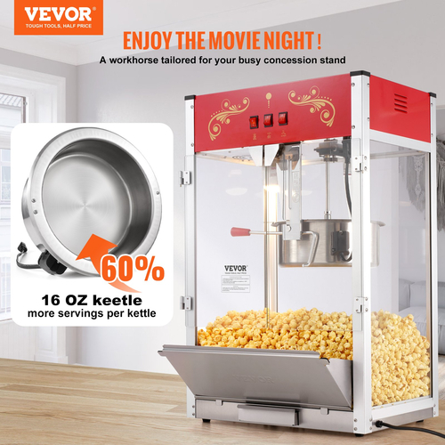 VEVOR Popcorn Popper Machine Countertop Popcorn Maker 1615W 16 Oz Red