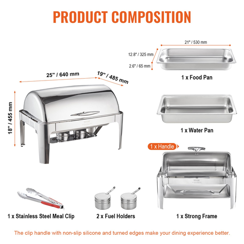 Πλήρες σετ μπουφέ για πιάτα VEVOR Roll Top Chafing, Τσάπα από ανοξείδωτο ατσάλι 8 Qt με τηγάνι πλήρους μεγέθους, Ορθογώνιος θερμαντήρας τροφοδοσίας με καπάκι, βάση τροφοδοσίας καυσίμου, για τουλάχιστον 8 άτομα