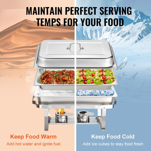 Σετ μπουφέ πιάτων VEVOR Chafing, 8 Qt 6 Pack, ανοξείδωτο τσόφλι με 6 τηγάνια πλήρους μεγέθους, Ορθογώνιος διακομιστής τροφοδοσίας ζεστός με καπάκι νερού πτυσσόμενη βάση βάσης θήκη καυσίμου Δίσκος κουταλιού, τουλάχιστον 8 ατόμων