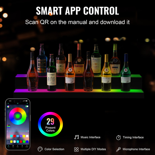 VEVOR LED Lighted Liquor Bottle Display Bar Shelf RF &amp; App Control 40&quot; 2-step