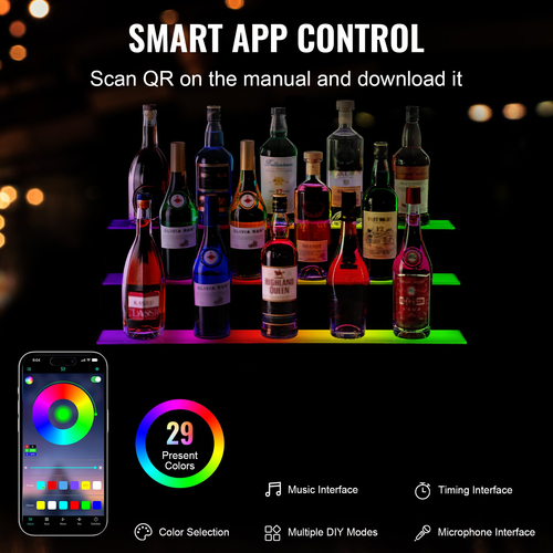 VEVOR LED Lighted Liquor Bottle Display Bar Shelf RF &amp; App Control 30&quot; 3-step