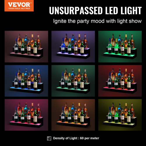 VEVOR LED Lighted Liquor Bottle Display Bar Shelf RF &amp; App Control 24&quot; 2-step