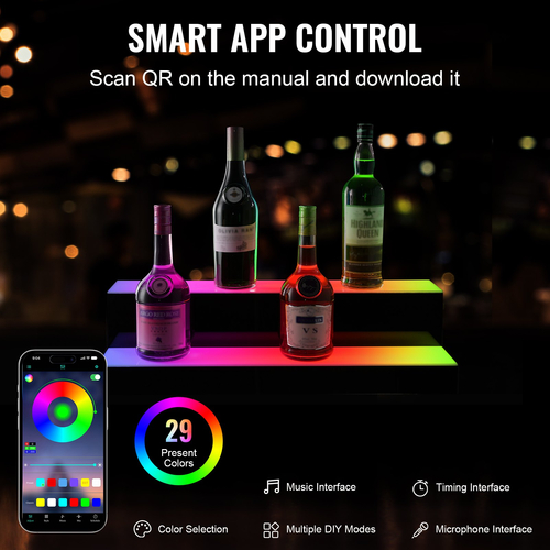 VEVOR LED Lighted Liquor Bottle Display Bar Shelf RF &amp; App Control 24&quot; 2-step