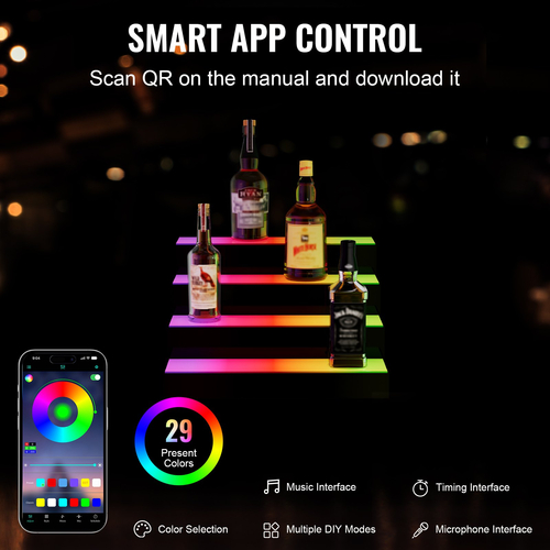 VEVOR LED Lighted Liquor Bottle Display Bar Shelf RF &amp; App Control 16&quot; 4-step