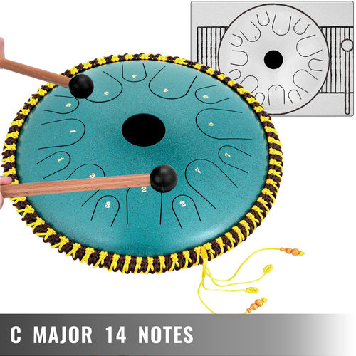 VEVOR Tongue Drum 14 Notes Dish Shape Drum 14 Inches Dia. Χειροκίνητα κρουστά από καθαρό χαλκό ατσάλινο τύμπανο 14 νότες Ατσάλινο τύμπανο με διακόσμηση από σχοινί και σφύρες, τσάντα, βιβλίο μουσικής, ορυκτό πράσινο