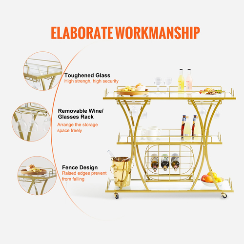 VEVOR Bar Cart Gold, 3 επιπέδων Home Bar Cart σε ρόδες που κλειδώνουν, Rolling Cart Alcohol with Tempered Glass Rail Guarddrail Wine Rack, Modern Cart Wine for Home Kitchen Training and σαλόνι