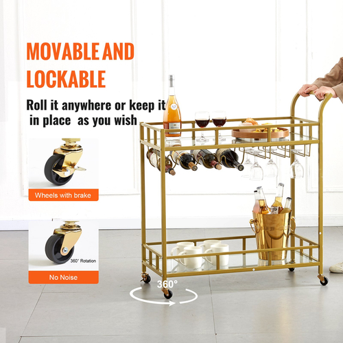 VEVOR Bar Cart Gold, 2 επιπέδων Home Bar Cart σε ρόδες που κλειδώνουν, Rolling Cart Alcohol with Tempered Glass Rack Guarddrail Wine Rack, Modern Cart Wine for Home Kitchen Training and σαλόνι