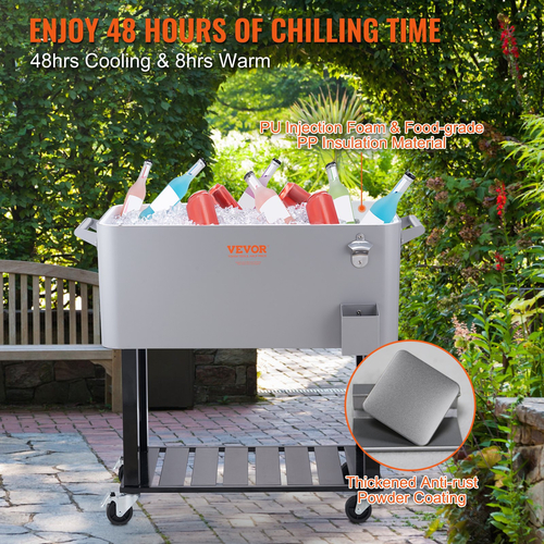 VEVOR Rolling Ice Chest Cooler Cart 80 Quart, Φορητό Bar Drink Cooler, Beverage Bar Stand Up Cooler με ρόδες, ανοιχτήρι μπουκαλιών, λαβές για αίθριο, πίσω αυλή, πάρτι και πισίνα, γκρι, καταχωρισμένο στο FDA