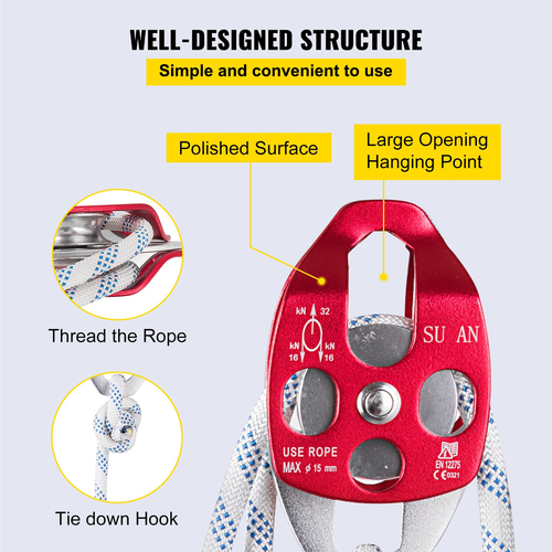 VEVOR Twin Sheave Block and Tackle 2/5-1/2Inch 100-200Ft Twin Sheave Block with Braid Rope 6600-7705LBS Double Pulley Rigging