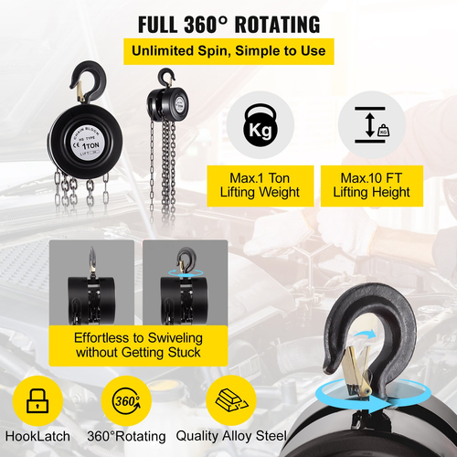VEVOR Hand Chain Hoist, 2200 lbs /1 Ton Chain Block, 10ft/3m Lift Manual Hand Chain Block, Manual Hoist with Industrial-Grade Construction for Lifting Good in Transport &amp; Workshop Black