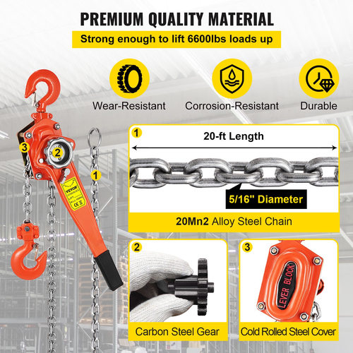 VEVOR 3T Chian Hoist Lever Chain Hoist 6M 6600lbs 20ft Ratcheting Lever Block Chain Hoist Come Along Puller Puller for Warage Garage