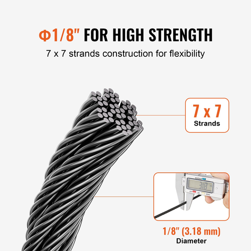 VEVOR T316 Καλώδιο από ανοξείδωτο χάλυβα 1/8&quot; 7x7 Ατσάλινο Συρματόσχοινο 500 πόδια Κάγκελα καλωδίων