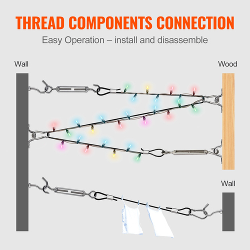 VEVOR Vinyl Coated Wire Rope Kit, 3/32 Cable Through 1/16 Diameter Inox, 7x7 Strands Κατασκευή με 189 αξεσουάρ για String Lights, Clothesline, Vine, 164 ft Black