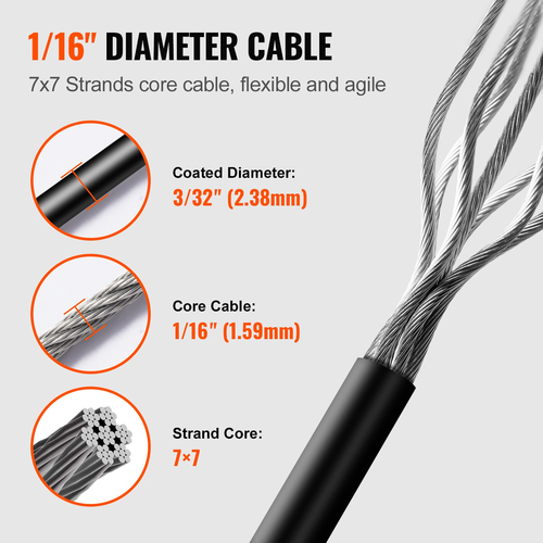 VEVOR Vinyl Coated Wire Rope Kit, 3/32 Cable Through 1/16 Diameter Inox, 7x7 Strands Κατασκευή με 189 αξεσουάρ για String Lights, Clothesline, Vine, 164 ft Black