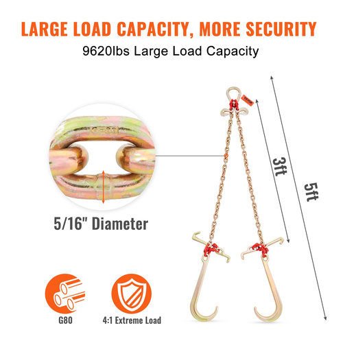 Χαλινό VEVOR V-Chain, όριο φορτίου εργασίας 9620 lbs, 5/16&#039;&#039; x 3&#039; G80 αλυσίδα ρυμούλκησης με γάντζους συμπλέγματος RTJ, με πιστοποίηση DOT, γαλβανισμένη επίστρωση από χάλυβα μαγγανίου &amp; δεσμός D, για ανυψωτικές και κινητικές δραστηριότητες
