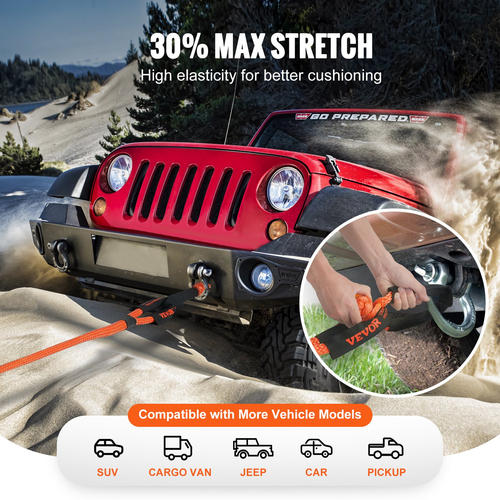 VEVOR 7/8&quot; x 30&#039; Kinetic Recovery Tow Rope 30580lbs, Heavy-Duty Off Road Snatch Strap with 2 Soft Shackles (41750lbs) Extreme Duty 30% Elasticity Energy Snatch Strap Jeep Car Truck ATV UTV SUV Tractor