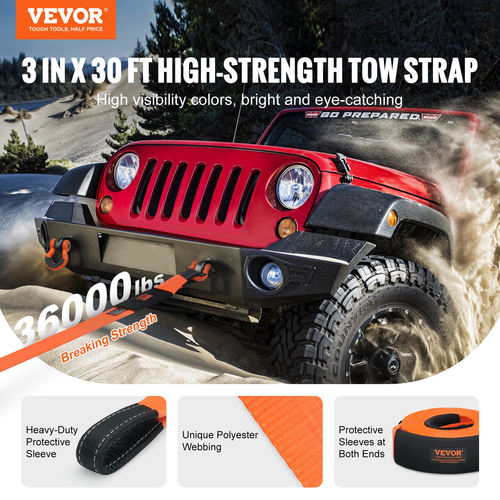 VEVOR Heavy Duty Tow Strap Recovery Kit 3&quot; x 30 ft (MBS-36.000 lbs) Ιμάντας για βαρούλκο Tree Saver, Τριπλός ενισχυμένος βρόχος &amp; προστατευτικά μανίκια &amp; τσάντα αποθήκευσης, δεσμίδες D-Ring 3/4&quot;, για Truck Jeep SUV ATV