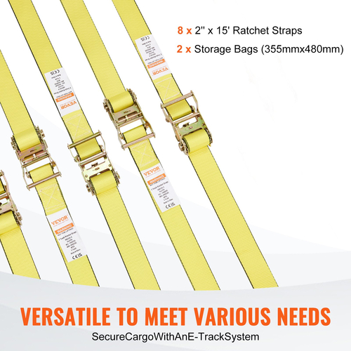 VEVOR Ratchet Tie Down ιμάντες (8PK), 4400 lb αντοχής θραύσης, E-Track Endless καστάνια με 8 Premium 2&quot; x 15&#039; Rachet Tie Downs Heavy Duty, για μετακίνηση ασφάλισης φορτίου, συσκευών, εξοπλισμού γκαζόν
