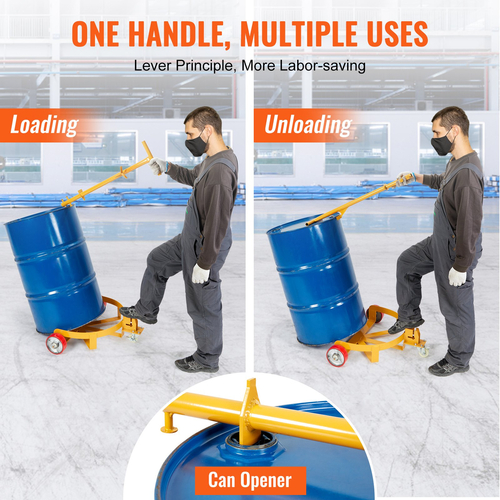VEVOR 55 Gallon Drum Dolly, 1200 lbs Load Capacity, Barrel Dolly Cart Drum Caddy Στρογγυλό Dolly Steel Χαμηλού προφίλ, Πλαίσιο από χάλυβα βαρέως τύπου με ρυθμιζόμενη λαβή 3 τροχών, για Workshop Factory Warehouse