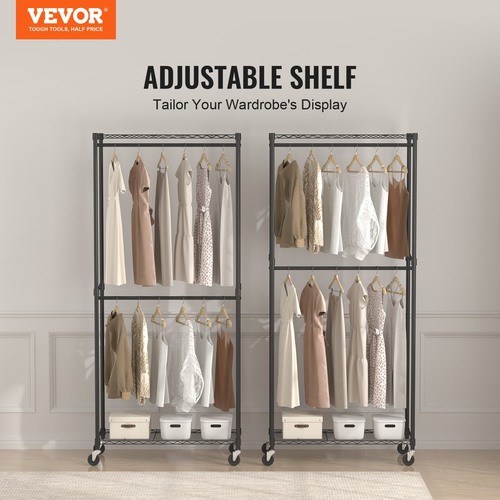 Σχάρα ρούχων VEVOR Heavy Duty, Διπλές ράβδοι κρεμαστάς Ράφι ρούχων για ρούχα με κάτω και επάνω επίπεδο αποθήκευσης, κυλιόμενη βάση ρούχων για κρεμαστά ρούχα, 1&#039;&#039; πάχος χαλύβδινου σωλήνα συγκράτησης έως 300 λίβρες