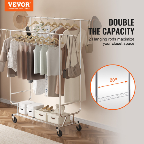 Βάση ρούχων VEVOR Heavy Duty, ράφι ρούχων με διπλή ράβδο για κρεμάστρα, ράφι ρούχων με ρυθμιζόμενο ύψος και εκτεινόμενο μήκος με χώρο αποθήκευσης κάτω, χωρητικότητα 600 λίβρες