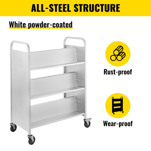 VEVOR Book Cart, 200lbs Library Cart, Rolling Book Cart 35x19x49 Inch Ράφια με κλίση διπλής όψης σχήματος W με ρόδες 4 ιντσών που κλειδώνουν, για ράφια σπιτιού γραφείου και φορτηγό σχολικών βιβλίων σε λευκό χρώμα