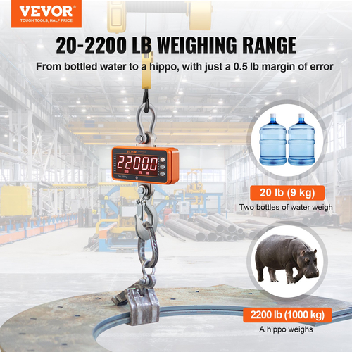 Ψηφιακή ζυγαριά γερανού VEVOR, 2200 lbs/1000 kg, βιομηχανική κρεμαστή ζυγαριά βαρέως τύπου με τηλεχειριστήριο, θήκη από χυτό αλουμίνιο &amp; οθόνη LED, υψηλή ακρίβεια για κατασκευή, εργοστάσιο, αγρόκτημα, κυνήγι (πορτοκαλί)