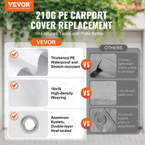 VEVOR 10 x 20 ft ανταλλακτικό κάλυμμα κουβούκλιο, προστατευτικό κάλυμμα για σκηνές γκαράζ βαρέως τύπου αδιάβροχο &amp; προστατευμένο από υπεριώδη ακτινοβολία, Εύκολη εγκατάσταση με 40 μπάντζες μπάλες (μόνο επάνω κάλυμμα, δεν περιλαμβάνεται πλαίσιο), λευκό