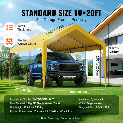 Ανταλλακτικό κάλυμμα κουβούκλιο VEVOR Carport 10 x 20 ft, προστατευτικό κάλυμμα για σκηνή γκαράζ βαρέως τύπου αδιάβροχο και προστασία από την υπεριώδη ακτινοβολία, Εύκολη εγκατάσταση με μπάντζες μπάλας, μπεζ (Μόνο επάνω κάλυμμα, δεν περιλαμβάνεται πλαίσιο)
