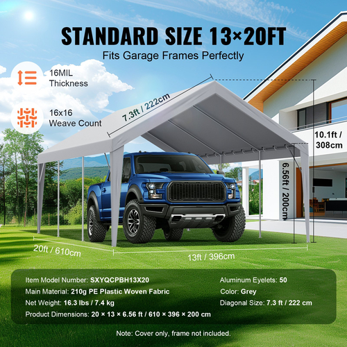 Ανταλλακτικό κάλυμμα κουβούκλιο VEVOR Carport 13 x 20 ποδιών, προστατευτικό κάλυμμα για σκηνές γκαράζ βαρέως τύπου αδιάβροχο και προστασία από την υπεριώδη ακτινοβολία, Εύκολη εγκατάσταση με μπάντζες μπάλας, γκρι (Μόνο επάνω κάλυμμα, δεν περιλαμβάνεται πλαίσιο)