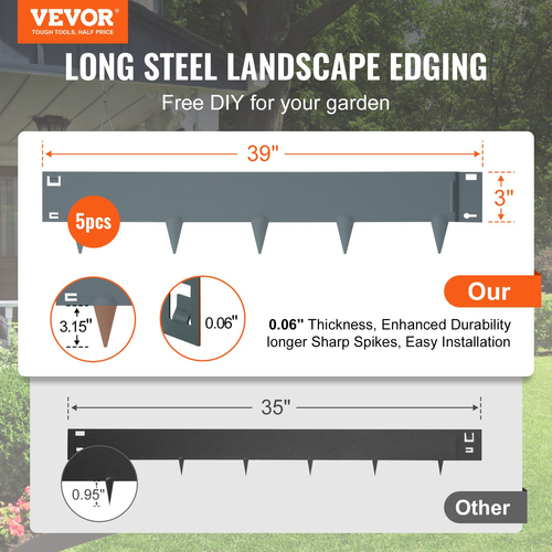 VEVOR Steel Landscape Borders, 5-pack Steel Garden Edge Borders, 39&quot; L x 3&quot; H Straps, Hammer-in Border, Bendable Metal Landscape Horse for Yard, Garden, Lawn, Spike Ύψος 3,15&quot;, Σκούρο γκρι