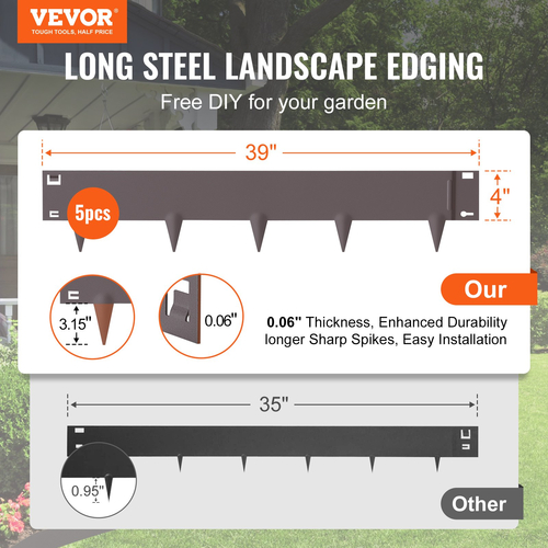 VEVOR Steel Landscape Edge, 5-pack Steel Garden Edge Borders, 39&quot; L x 4&quot; H Straps, Hammer-in Border, Bendable Metal Landscape Edge for Yard, Garden, 3,15&quot; Spike Height, Rustic Brown