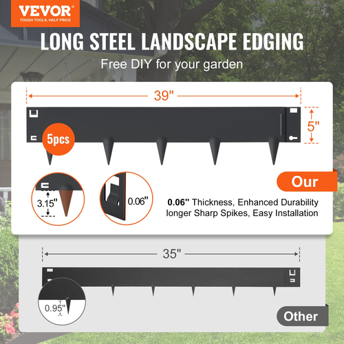 VEVOR Steel Landscape Borders, 5-pack Steel Garden Edge Borders, 39&quot; L x 5&quot; H strips, Hammer-in Border, Bendable Metal Landscape Borders for Yard, Garden, Lawn, Spike Ύψος 3,15&quot; Μαύρο
