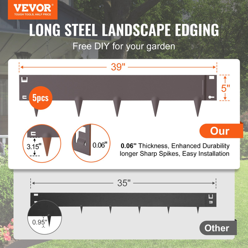 VEVOR Steel Landscape Edge, 5-pack Steel Garden Edge Borders, 39&quot; L x 5&quot; H strips, Hammer-in Border, Bendable Metal Landscape Bord for Yard, Garden, Lawn, Spike Ύψος 3,15&quot;, Ρουστίκ καφέ