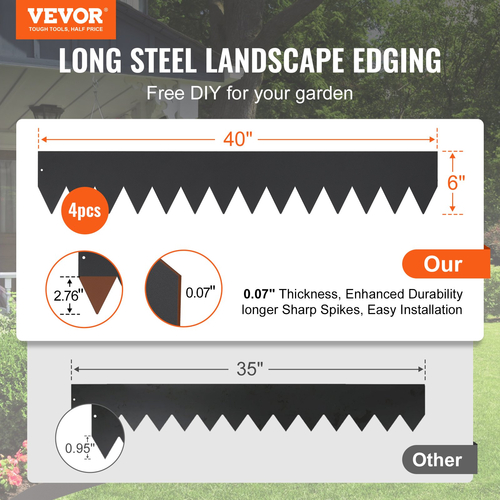 VEVOR Steel Landscape Borders, 4-pack Steel Garden Edge Borders, 40&quot; L x 6&quot; H Straps, Hammer-in Hodge Border with 6 Clips, Endable Metal Landscape Borders for Yard, Garden, Laws