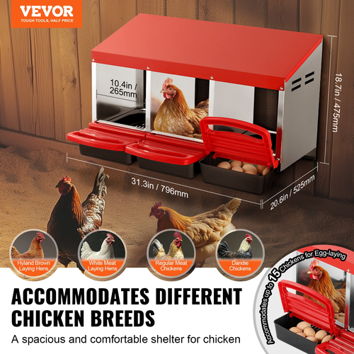 VEVOR Μεταλλικό κουτί Chicken Nest Box 3 τμημάτων με κεκλιμένα κουτιά ένθεσης