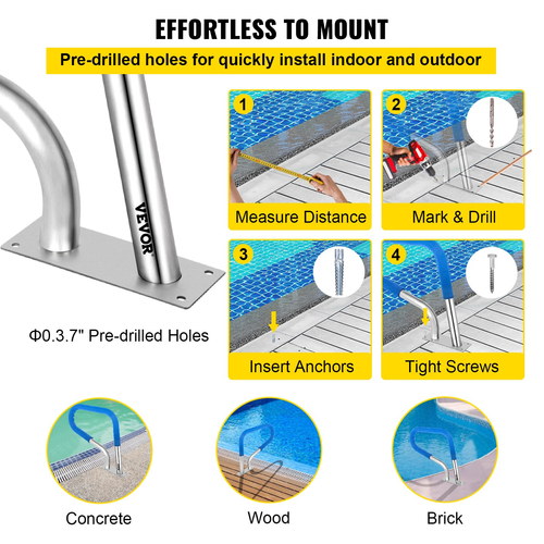 VEVOR Κιγκλίδωμα πισίνας 32x23&quot; Κιγκλίδωμα πισίνας 304 από ανοξείδωτο ατσάλι 250LBS Χωρητικότητα φορτίου Ασημί ανθεκτικό στη σκουριά κουπαστή πισίνας Εξανθρωπισμένος κουπαστής πισίνας με μπλε κάλυμμα λαβής &amp; τρυπάνι M8 &amp; βίδες με αυτοκόλλητη ταινία