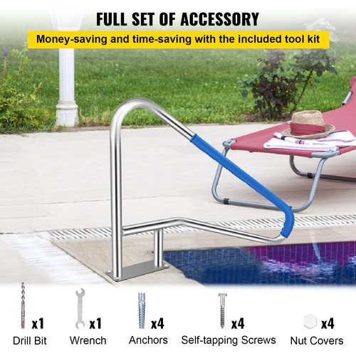 Κιγκλίδωμα πισίνας VEVOR 55x32&quot; Κάγκελα πισίνας 304 από ανοξείδωτο ατσάλι 250LBS Χωρητικότητα φόρτωσης Ασημί ανθεκτικό στη σκουριά κουπαστή πισίνας Εξανθρωπισμένος κουπαστής πισίνας με μπλε κάλυμμα λαβής &amp; τρυπάνι M8 &amp; βίδες αυτοκόλλησης