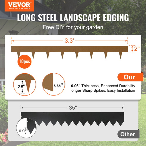 VEVOR Steel Landscape Borders, 10-pack Steel Garden Borders, 39,6&quot; L x 2&quot; H strips, Hammer-in Hording Border, Bendable Metal Landscape Borders for Yard, Garden, Spike ύψος 2,5&quot;, Rustic Brown