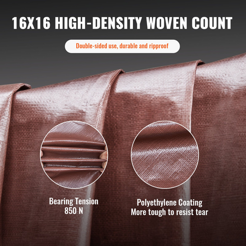 VEVOR Tarp Αδιάβροχο 10x12 ft, 16 Mil Εξαιρετικά παχύ πλαστικό κάλυμμα από Poly Tarp, Πολλαπλών χρήσεων στο σκίσιμο UV και στη θερμοκρασία μουσαμά εξωτερικού χώρου με ενισχυμένους δακτύλιους (καφέ)