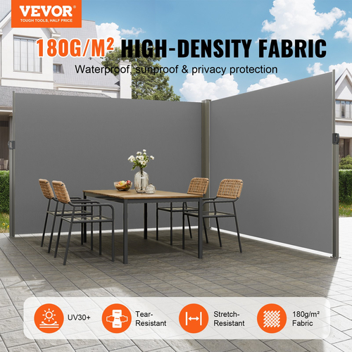Πτυσσόμενη πλαϊνή τέντα VEVOR, 79&#039;&#039;x 236&#039;&#039; Εξωτερική οθόνη απορρήτου, 180g Πολυεστερική αδιάβροχη ανασυρόμενη σήτα βεράντας, UV 30+ Διαιρέτης Δωματίων Ανεμοθάλαμος για Αίθριο, Πίσω αυλή, Μπαλκόνι, Γκρι