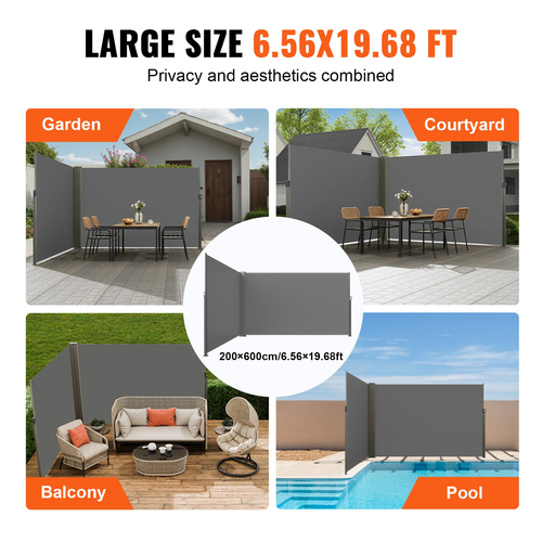 Πτυσσόμενη πλαϊνή τέντα VEVOR, 79&#039;&#039;x 236&#039;&#039; Εξωτερική οθόνη απορρήτου, 180g Πολυεστερική αδιάβροχη ανασυρόμενη σήτα βεράντας, UV 30+ Διαιρέτης Δωματίων Ανεμοθάλαμος για Αίθριο, Πίσω αυλή, Μπαλκόνι, Γκρι