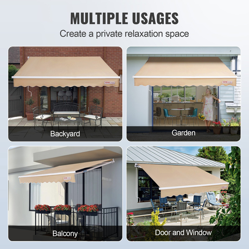 VEVOR Εγχειρίδιο αναδιπλούμενη τέντα, 12 x 10 ft Outdoor Patio Awning Retractable Sun Shade, Αδιάβροχο Polyester Atio Door Poor Parathum Awning Sunshade Shelter with μανιβέλα λαβή για πίσω αυλή, μπαλκόνι