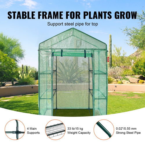 VEVOR Walk-in Green House, 4,6 x 2,4 x 6,7 ft Θερμοκήπιο με ράφια, ρύθμιση σε λίγα λεπτά, κάλυμμα PE υψηλής αντοχής με πόρτες και παράθυρα και ατσάλινο πλαίσιο, κατάλληλο για φύτευση και αποθήκευση, πράσινο