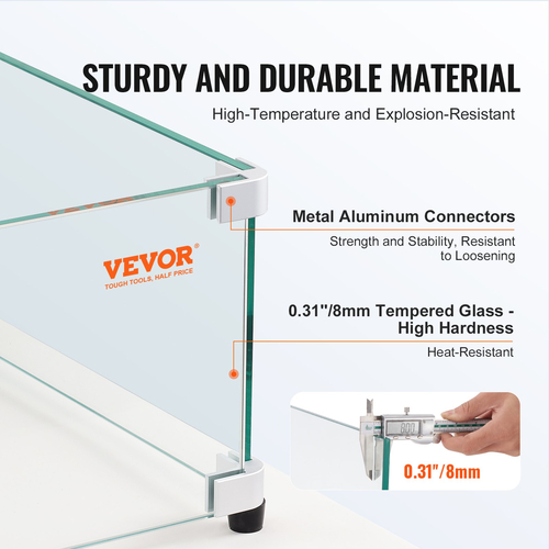 VEVOR Glass Wind Guard για ορθογώνιο τραπέζι πυρκαγιάς 773 x 367 x 191 mm, πάχος 8 mm και ανθεκτικό σκληρυμένο γυαλί με γωνιακό βραχίονα από σκληρό αλουμίνιο και πόδια από καουτσούκ, εύκολο στη συναρμολόγηση