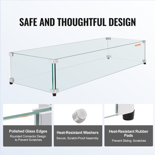 VEVOR Glass Wind Guard για ορθογώνιο τραπέζι πυρκαγιάς 773 x 367 x 191 mm, πάχος 8 mm και ανθεκτικό σκληρυμένο γυαλί με γωνιακό βραχίονα από σκληρό αλουμίνιο και πόδια από καουτσούκ, εύκολο στη συναρμολόγηση