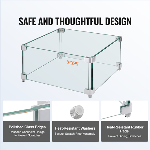 VEVOR Gas Fire Pit Wind Guard for Square Fire Table, 380 x 380 x 180 mm Clear Tempered Wind Guard for Firepits, 8mm πάχους τετράγωνη γυάλινη ασπίδα, γυάλινο πάνελ με σκληρό γωνιακό βραχίονα και πόδια