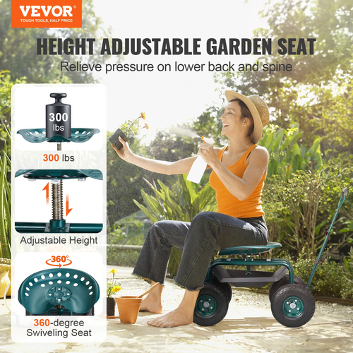 Κάθισμα εργασίας VEVOR Garden Cart Rolling με ρόδες, Σκαμπό κηπουρικής για φύτευση, Περιστρεφόμενο κάθισμα 360 μοιρών, Wagon Scooter με λαβή τιμονιού &amp; δίσκος βοηθητικών εργαλείων, χρήση για βεράντα, αυλή και εξωτερικούς χώρους, πράσινο